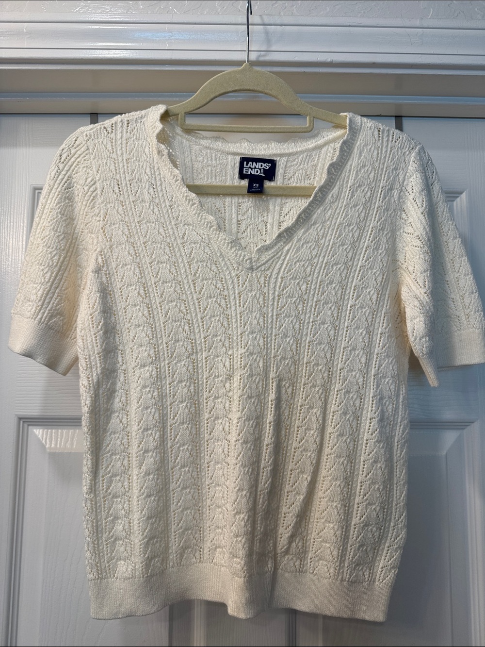 Lands' End Cream Textured V-Neck Short Sleeve Sweater